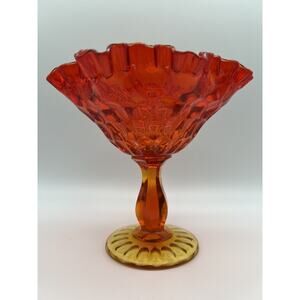 Vintage Fenton Glass 7” Amberina Ruffled Edge Thumbprint Compote Dish - GLOWS